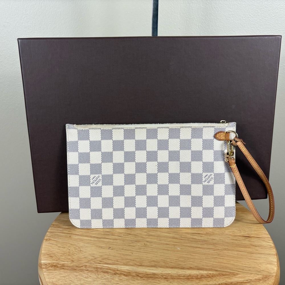 Louis Vuitton Damier Azur Neverfull Pouch Wristlet with Box